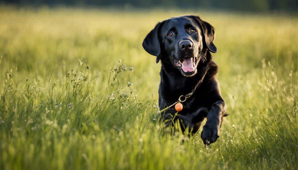 An image of a Labrador Retriever playing fetch in a grassy meadow